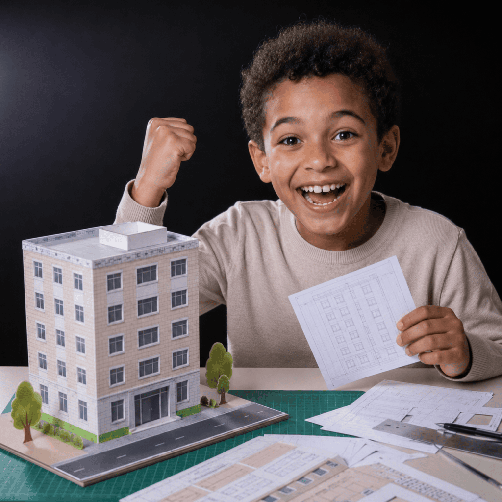 Gar&ccedil;on content d'avoir compris les notions de prisme, pav&eacute; droit, patrons et &eacute;chelle en r&eacute;alisant une maquette.
